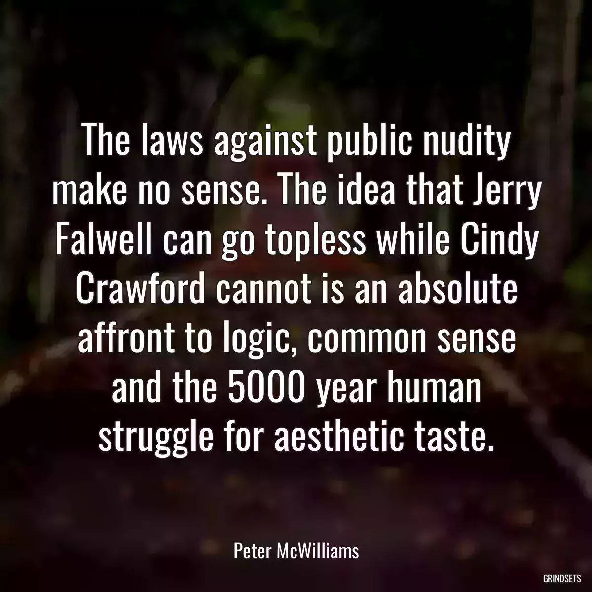 The laws against public nudity make no sense. The idea that Jerry Falwell can go topless while Cindy Crawford cannot is an absolute affront to logic, common sense and the 5000 year human struggle for aesthetic taste.