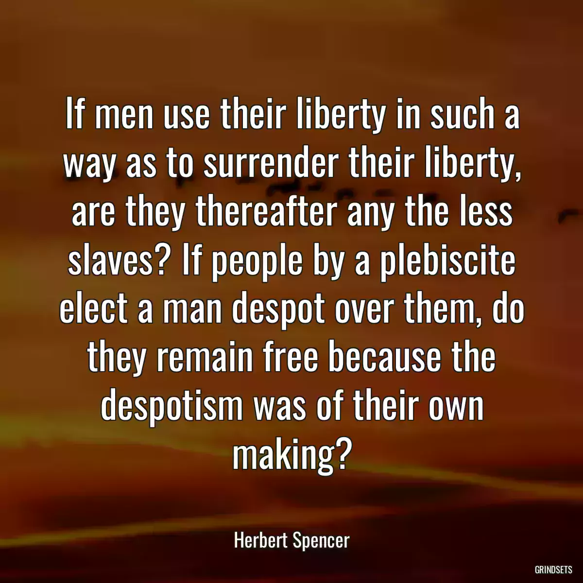 If men use their liberty in such a way as to surrender their liberty, are they thereafter any the less slaves? If people by a plebiscite elect a man despot over them, do they remain free because the despotism was of their own making?