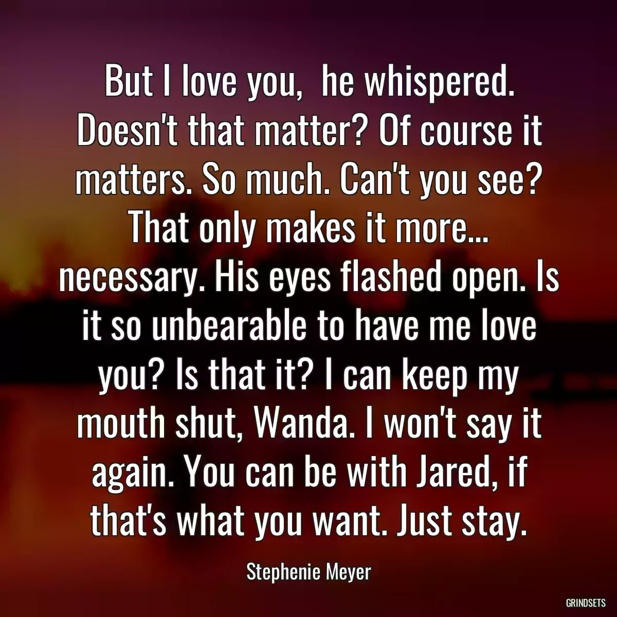 But I love you,  he whispered. Doesn\'t that matter? Of course it matters. So much. Can\'t you see? That only makes it more… necessary. His eyes flashed open. Is it so unbearable to have me love you? Is that it? I can keep my mouth shut, Wanda. I won\'t say it again. You can be with Jared, if that\'s what you want. Just stay.