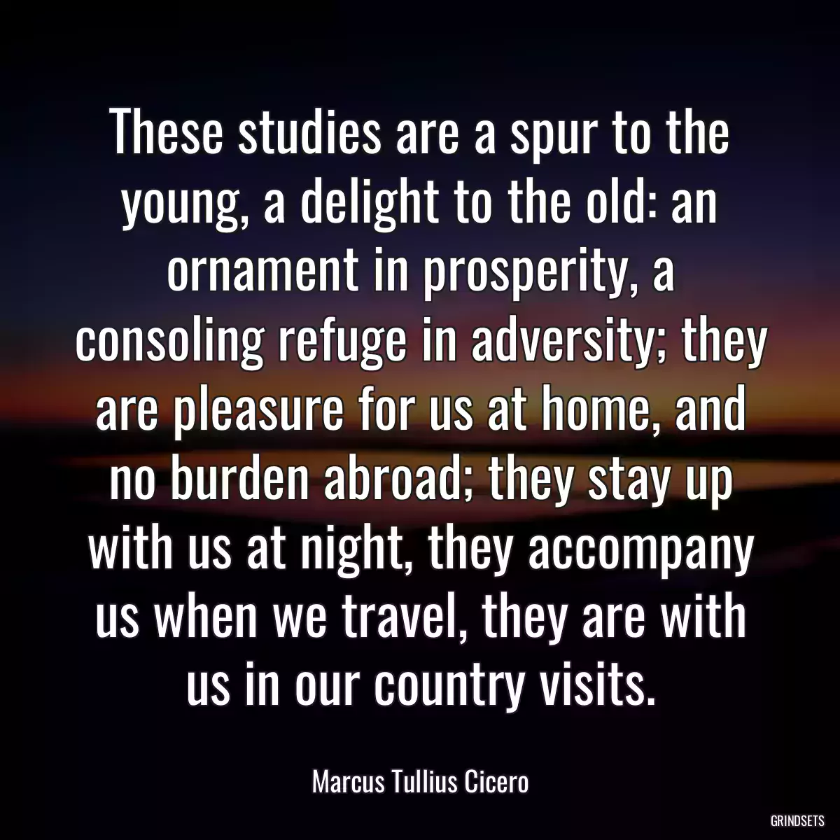 These studies are a spur to the young, a delight to the old: an ornament in prosperity, a consoling refuge in adversity; they are pleasure for us at home, and no burden abroad; they stay up with us at night, they accompany us when we travel, they are with us in our country visits.