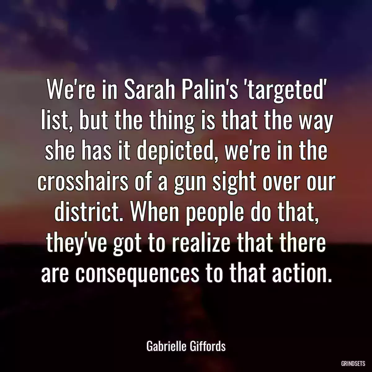 We\'re in Sarah Palin\'s \'targeted\' list, but the thing is that the way she has it depicted, we\'re in the crosshairs of a gun sight over our district. When people do that, they\'ve got to realize that there are consequences to that action.