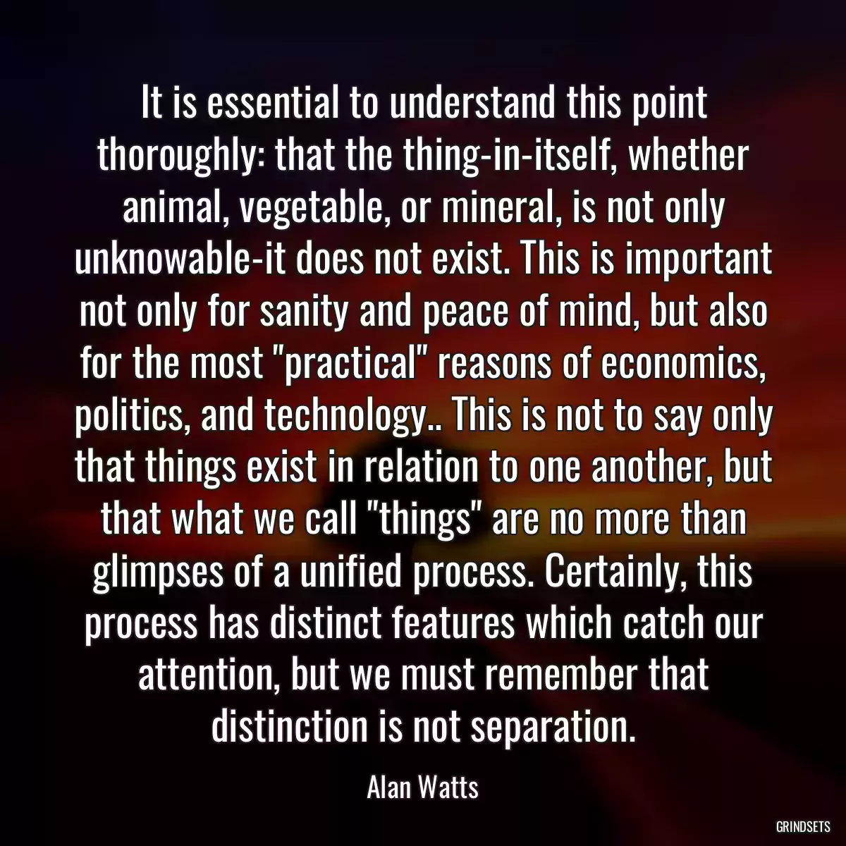 It is essential to understand this point thoroughly: that the thing-in-itself, whether animal, vegetable, or mineral, is not only unknowable-it does not exist. This is important not only for sanity and peace of mind, but also for the most \