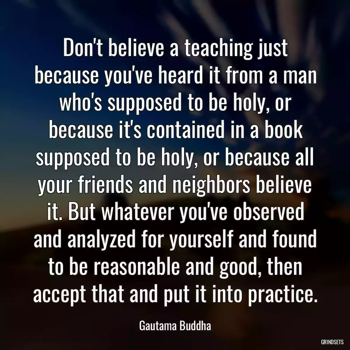 Don\'t believe a teaching just because you\'ve heard it from a man who\'s supposed to be holy, or because it\'s contained in a book supposed to be holy, or because all your friends and neighbors believe it. But whatever you\'ve observed and analyzed for yourself and found to be reasonable and good, then accept that and put it into practice.