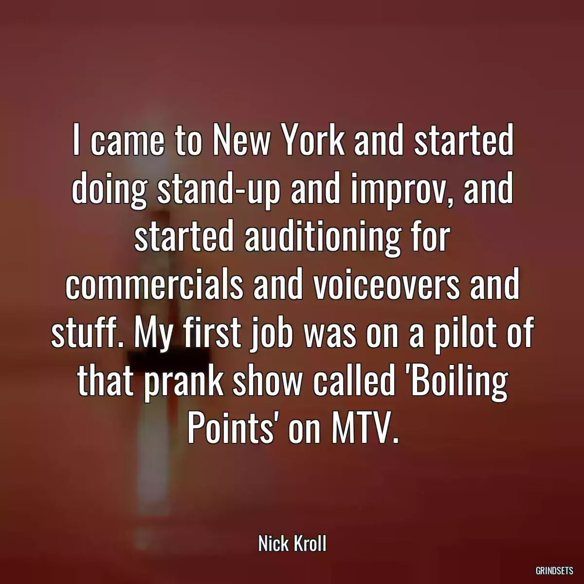 I came to New York and started doing stand-up and improv, and started auditioning for commercials and voiceovers and stuff. My first job was on a pilot of that prank show called \'Boiling Points\' on MTV.