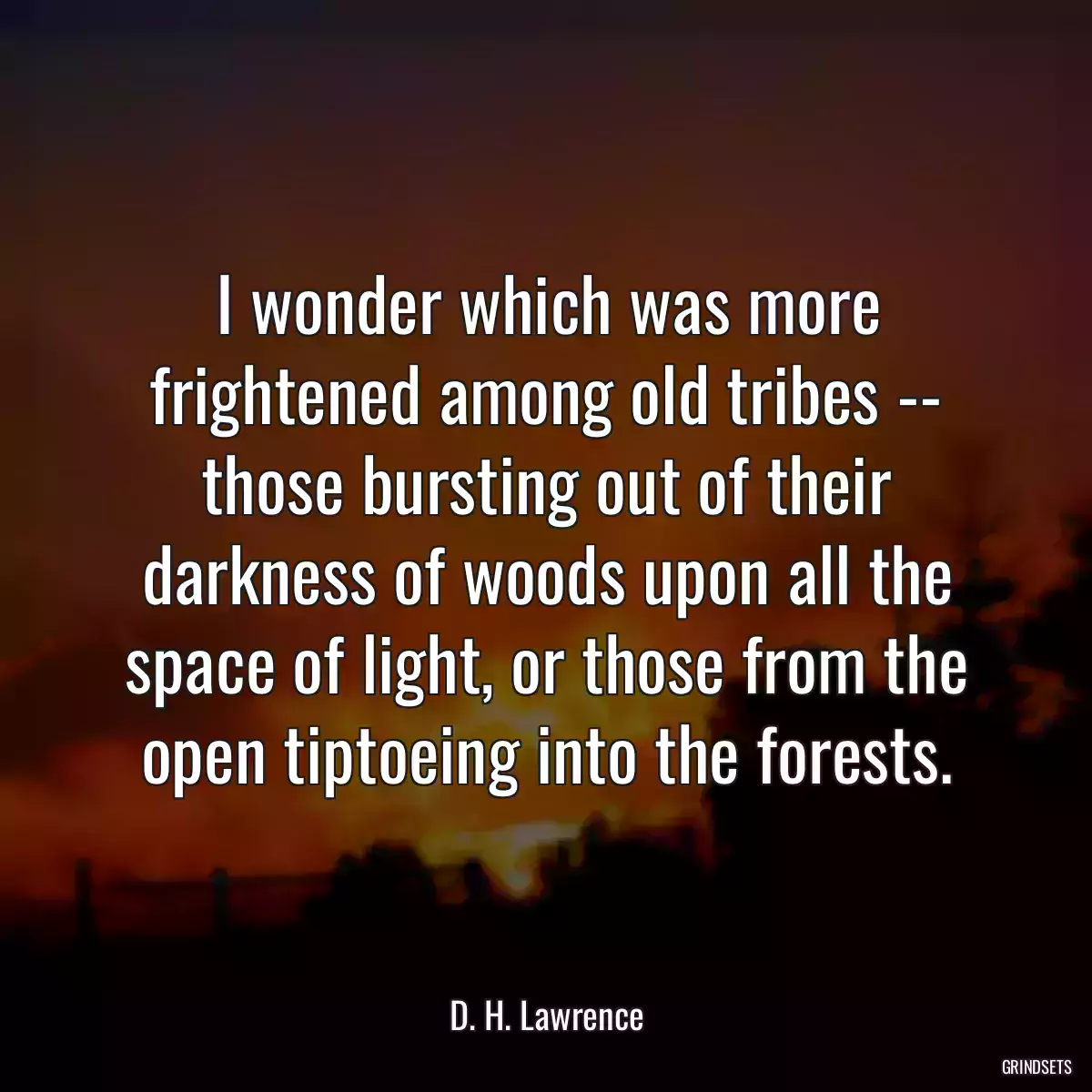 I wonder which was more frightened among old tribes -- those bursting out of their darkness of woods upon all the space of light, or those from the open tiptoeing into the forests.