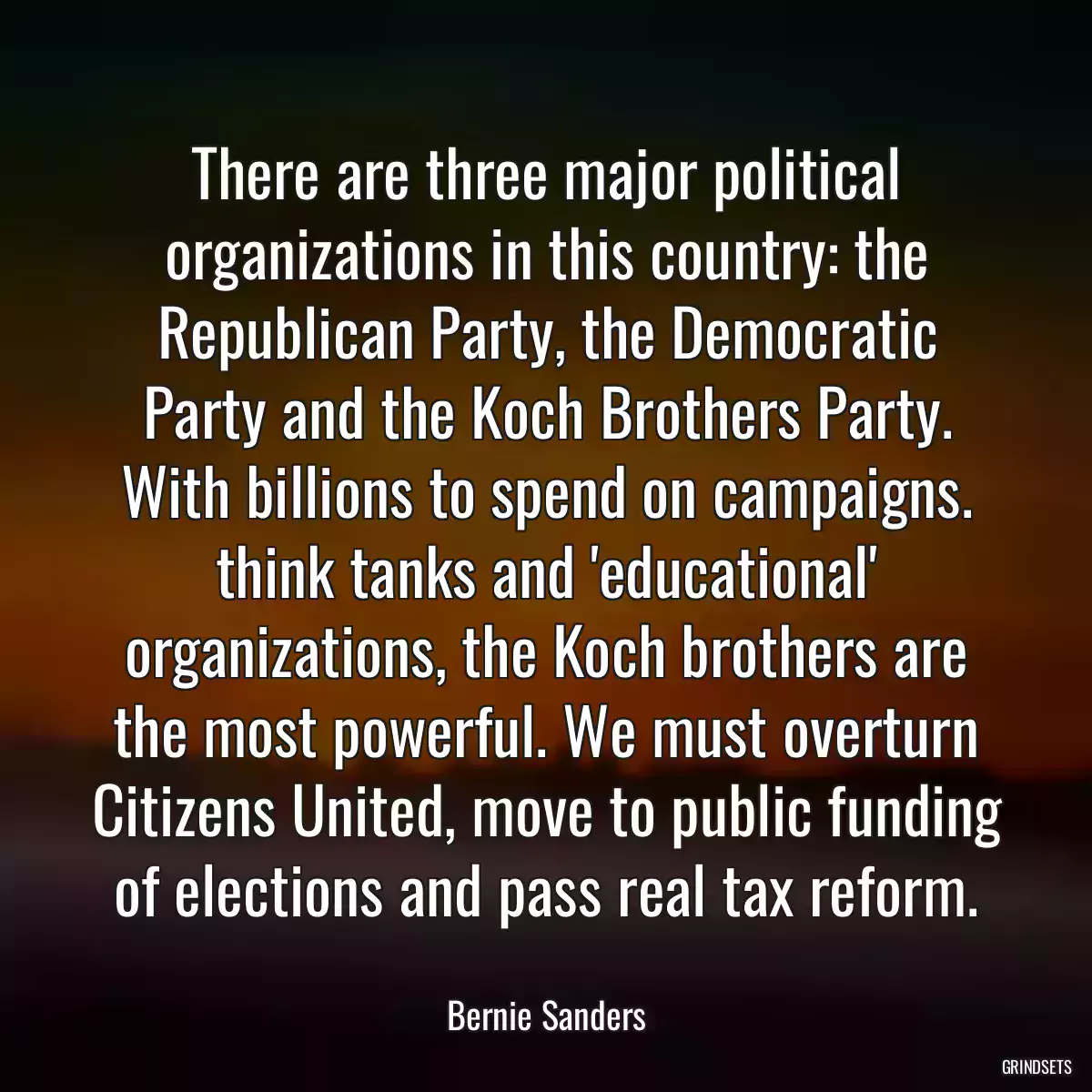 There are three major political organizations in this country: the Republican Party, the Democratic Party and the Koch Brothers Party. With billions to spend on campaigns. think tanks and \'educational\' organizations, the Koch brothers are the most powerful. We must overturn Citizens United, move to public funding of elections and pass real tax reform.