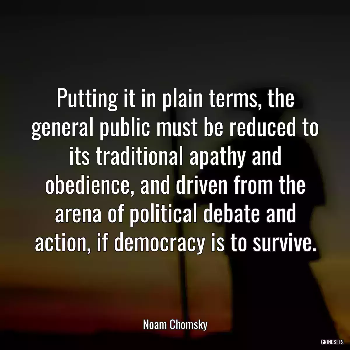 Putting it in plain terms, the general public must be reduced to its traditional apathy and obedience, and driven from the arena of political debate and action, if democracy is to survive.