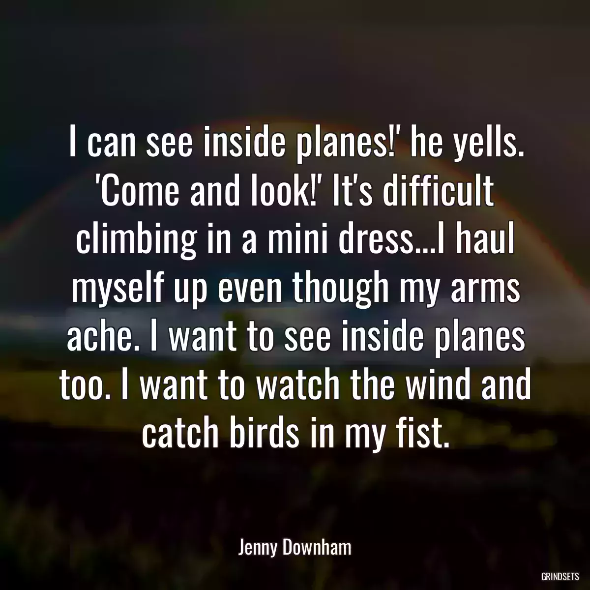 I can see inside planes!\' he yells. \'Come and look!\' It\'s difficult climbing in a mini dress...I haul myself up even though my arms ache. I want to see inside planes too. I want to watch the wind and catch birds in my fist.