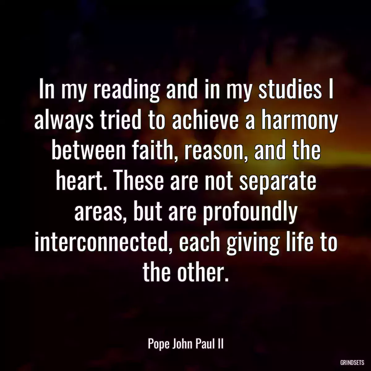 In my reading and in my studies I always tried to achieve a harmony between faith, reason, and the heart. These are not separate areas, but are profoundly interconnected, each giving life to the other.