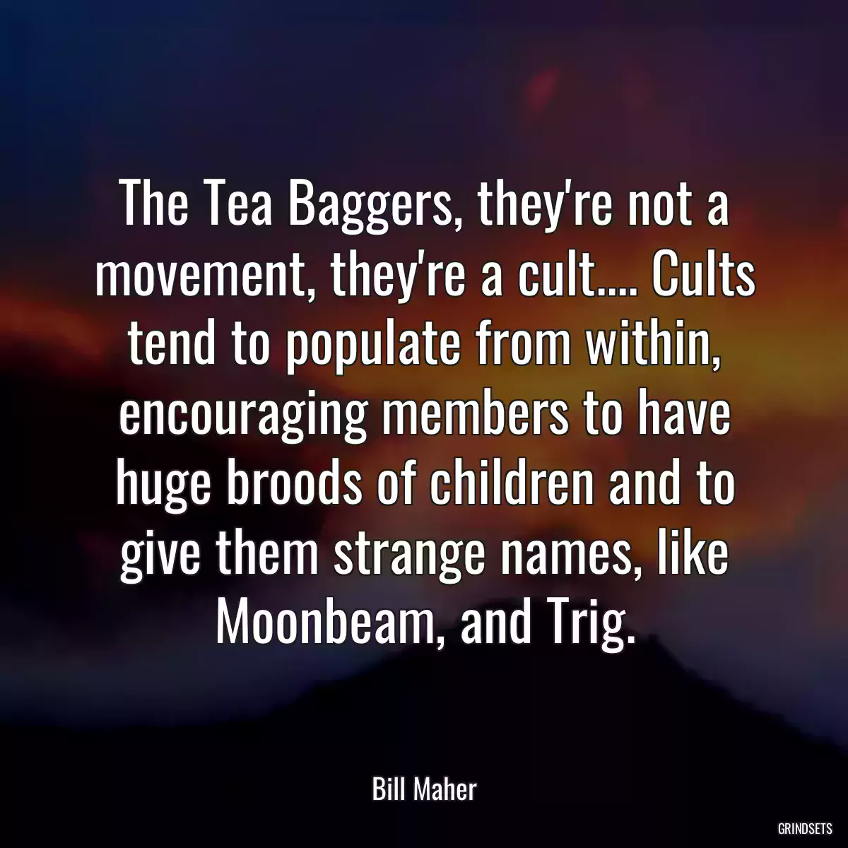 The Tea Baggers, they\'re not a movement, they\'re a cult.... Cults tend to populate from within, encouraging members to have huge broods of children and to give them strange names, like Moonbeam, and Trig.