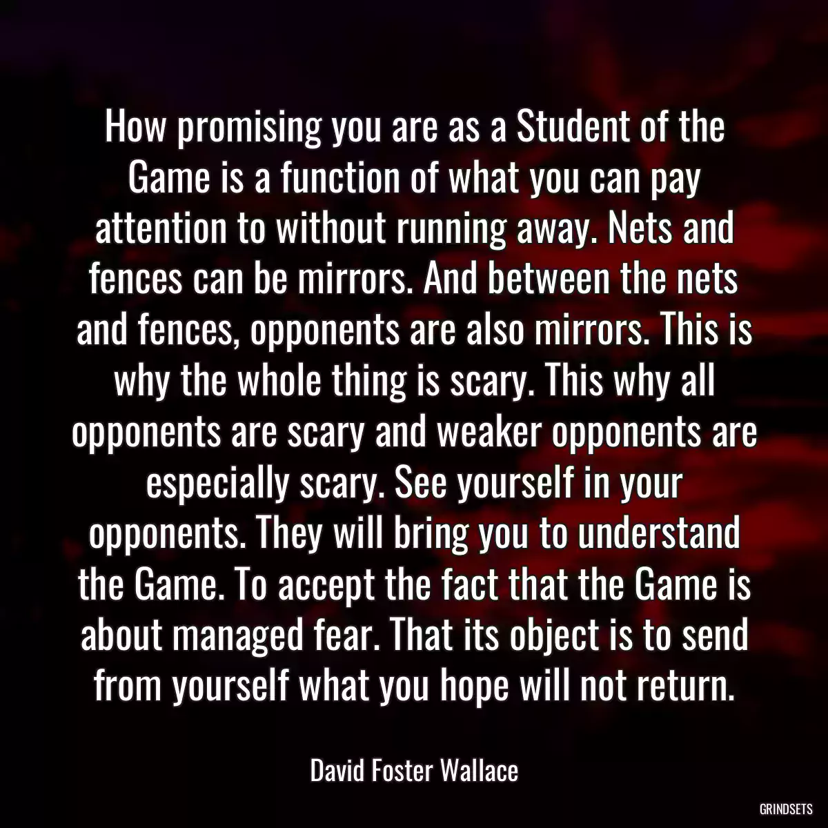 How promising you are as a Student of the Game is a function of what you can pay attention to without running away. Nets and fences can be mirrors. And between the nets and fences, opponents are also mirrors. This is why the whole thing is scary. This why all opponents are scary and weaker opponents are especially scary. See yourself in your opponents. They will bring you to understand the Game. To accept the fact that the Game is about managed fear. That its object is to send from yourself what you hope will not return.