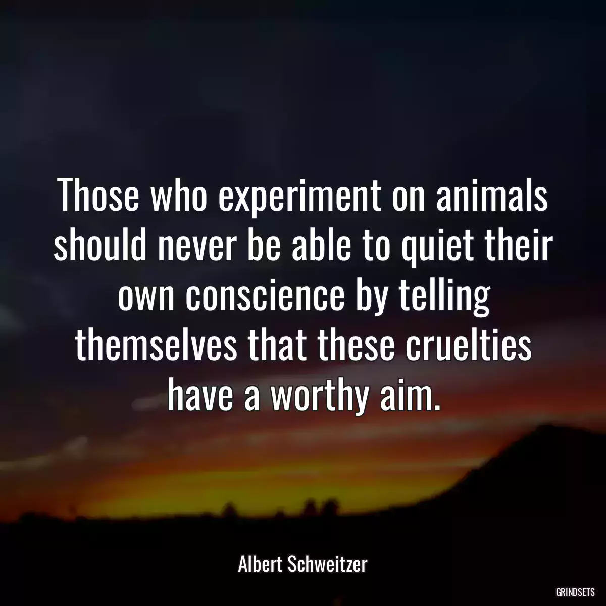 Those who experiment on animals should never be able to quiet their own conscience by telling themselves that these cruelties have a worthy aim.