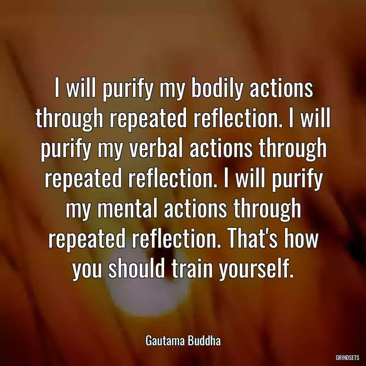 I will purify my bodily actions through repeated reflection. I will purify my verbal actions through repeated reflection. I will purify my mental actions through repeated reflection. That\'s how you should train yourself.