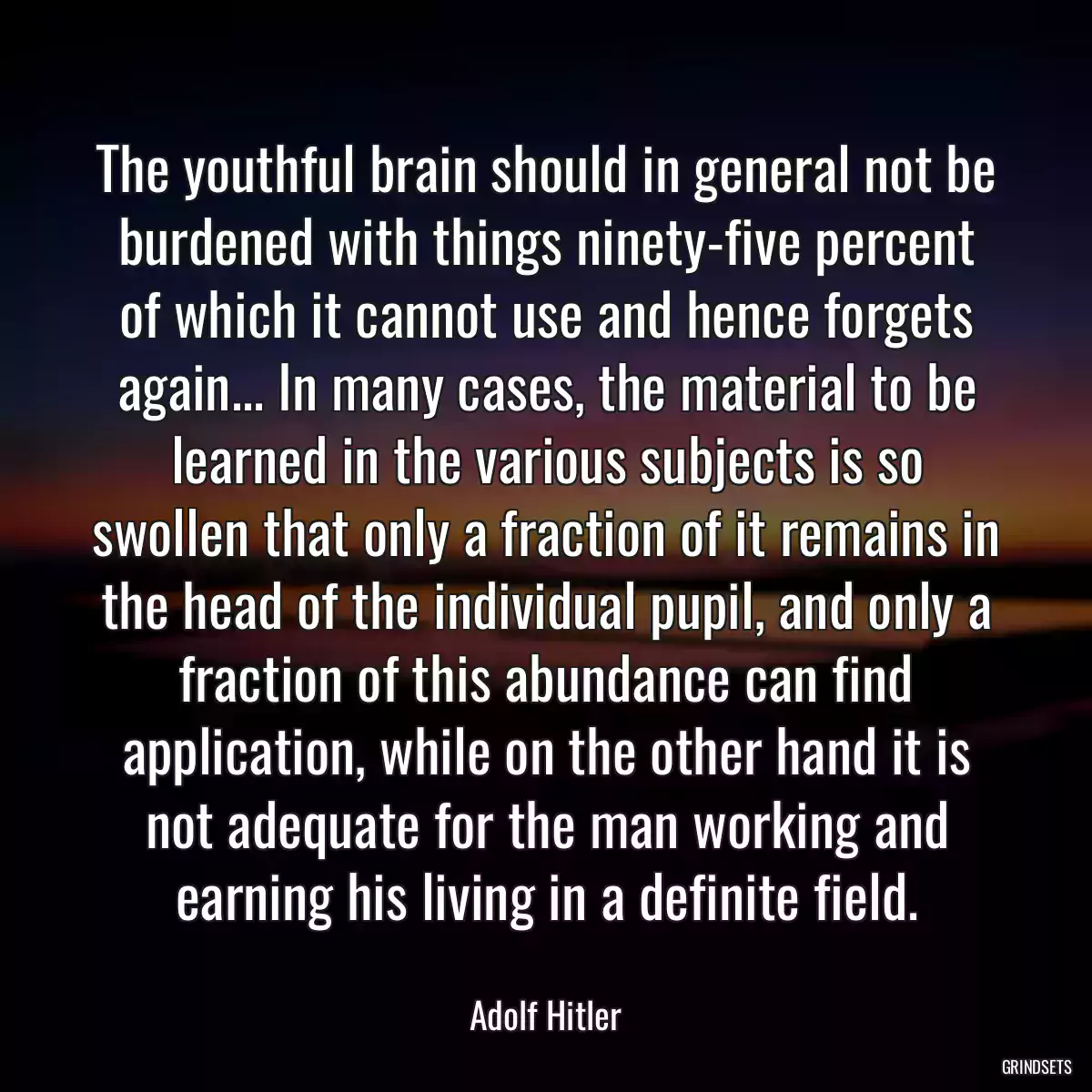 The youthful brain should in general not be burdened with things ninety-five percent of which it cannot use and hence forgets again... In many cases, the material to be learned in the various subjects is so swollen that only a fraction of it remains in the head of the individual pupil, and only a fraction of this abundance can find application, while on the other hand it is not adequate for the man working and earning his living in a definite field.