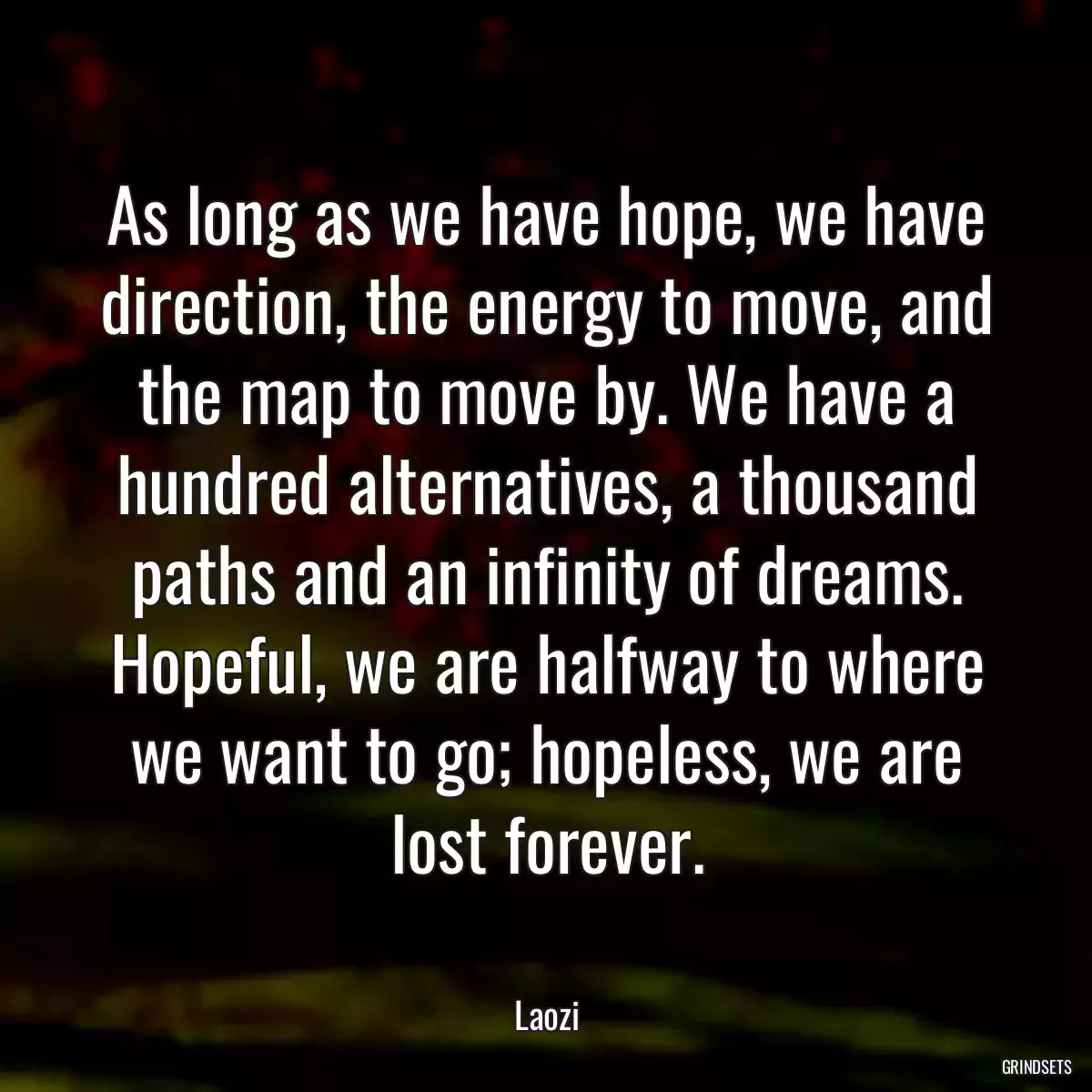 As long as we have hope, we have direction, the energy to move, and the map to move by. We have a hundred alternatives, a thousand paths and an infinity of dreams. Hopeful, we are halfway to where we want to go; hopeless, we are lost forever.