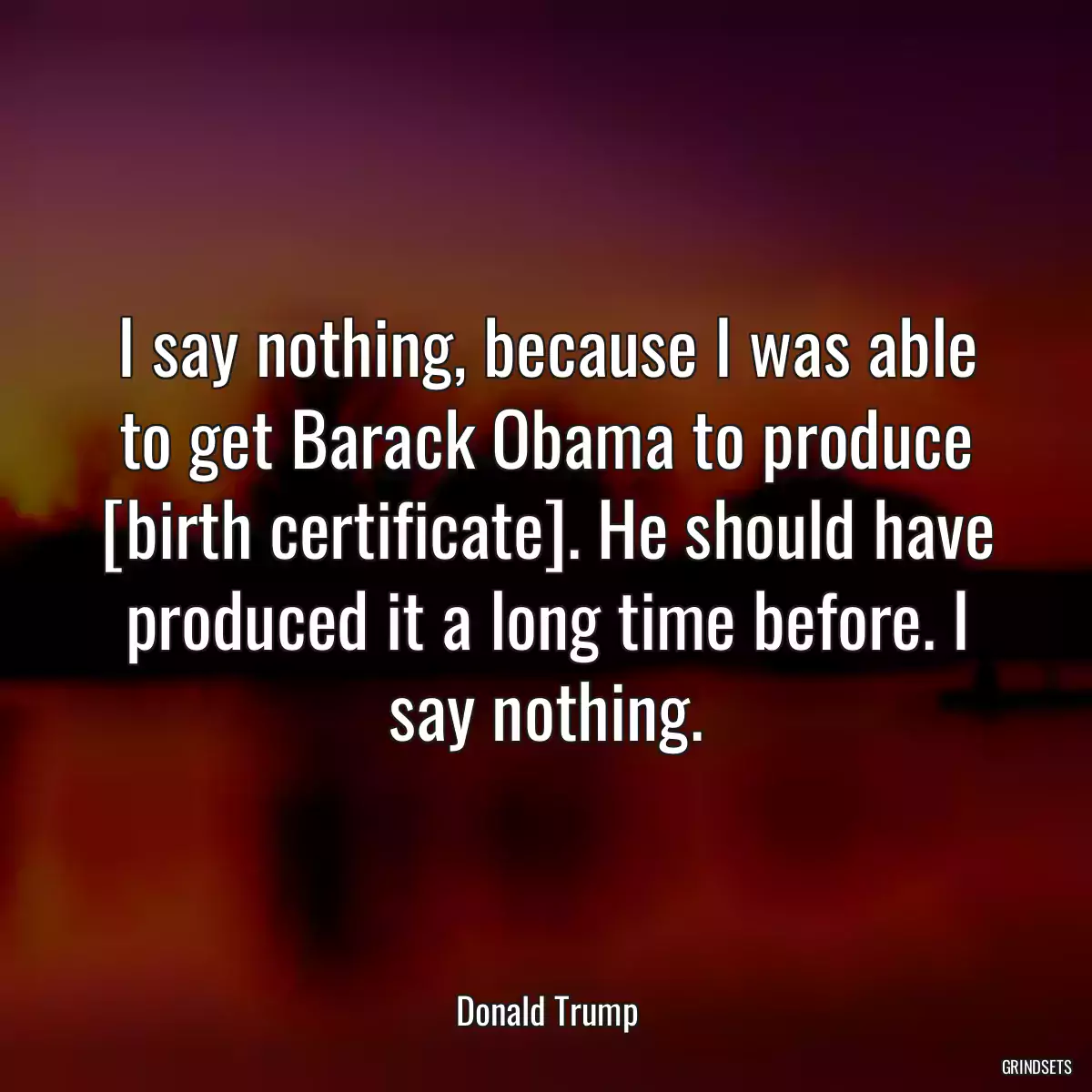 I say nothing, because I was able to get Barack Obama to produce [birth certificate]. He should have produced it a long time before. I say nothing.