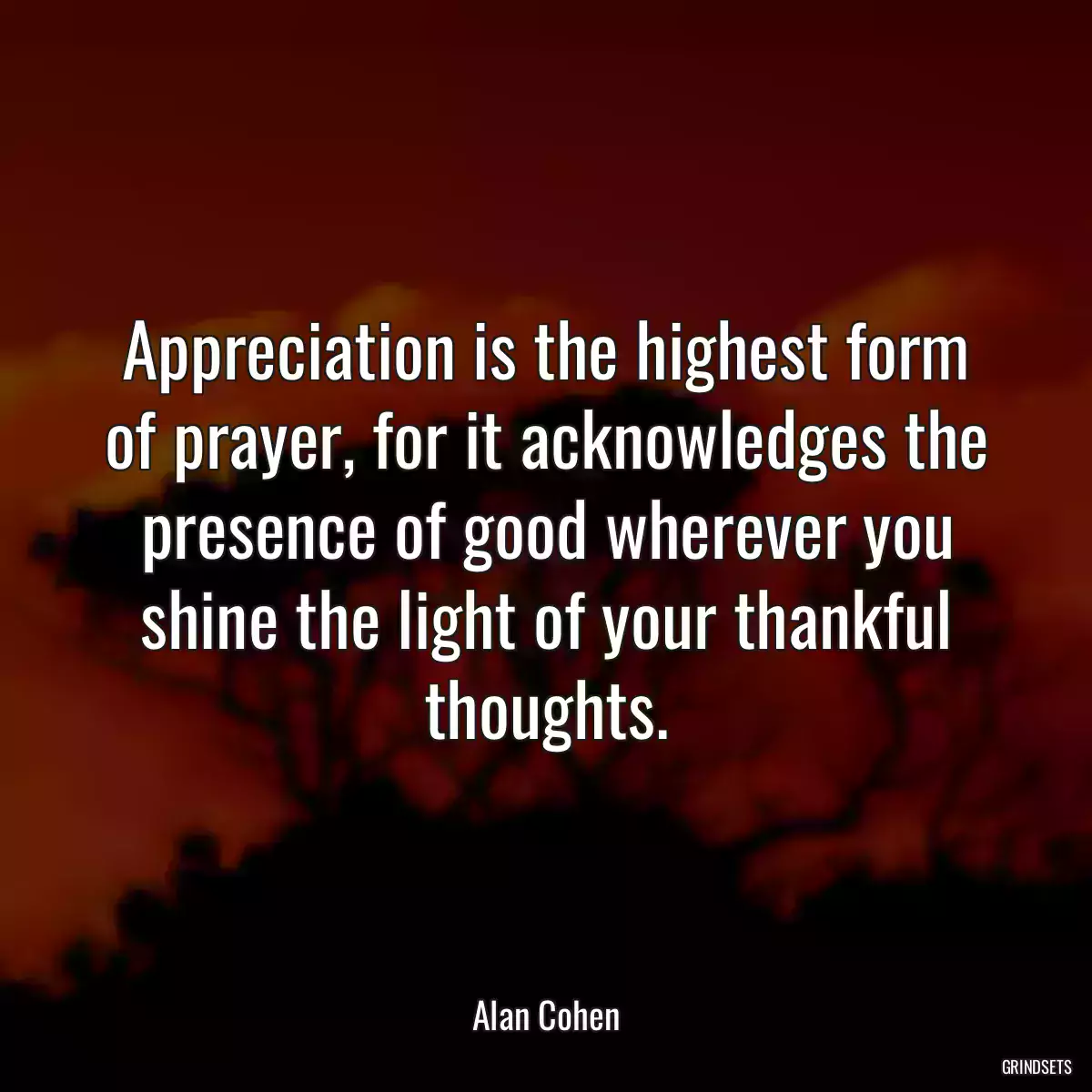 Appreciation is the highest form of prayer, for it acknowledges the presence of good wherever you shine the light of your thankful thoughts.