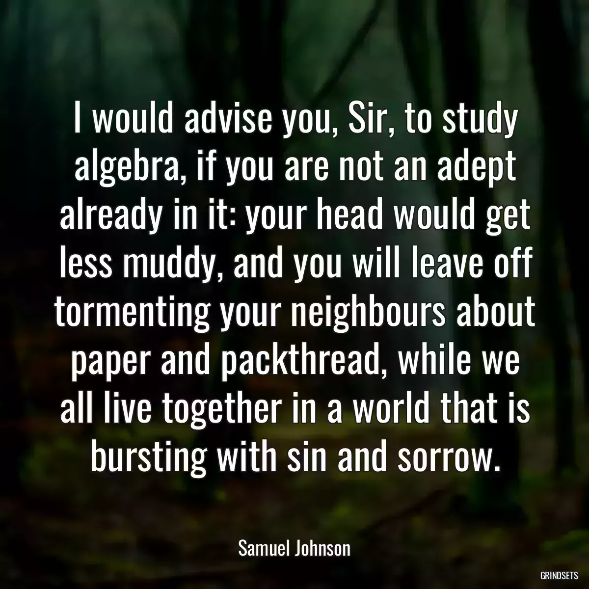 I would advise you, Sir, to study algebra, if you are not an adept already in it: your head would get less muddy, and you will leave off tormenting your neighbours about paper and packthread, while we all live together in a world that is bursting with sin and sorrow.