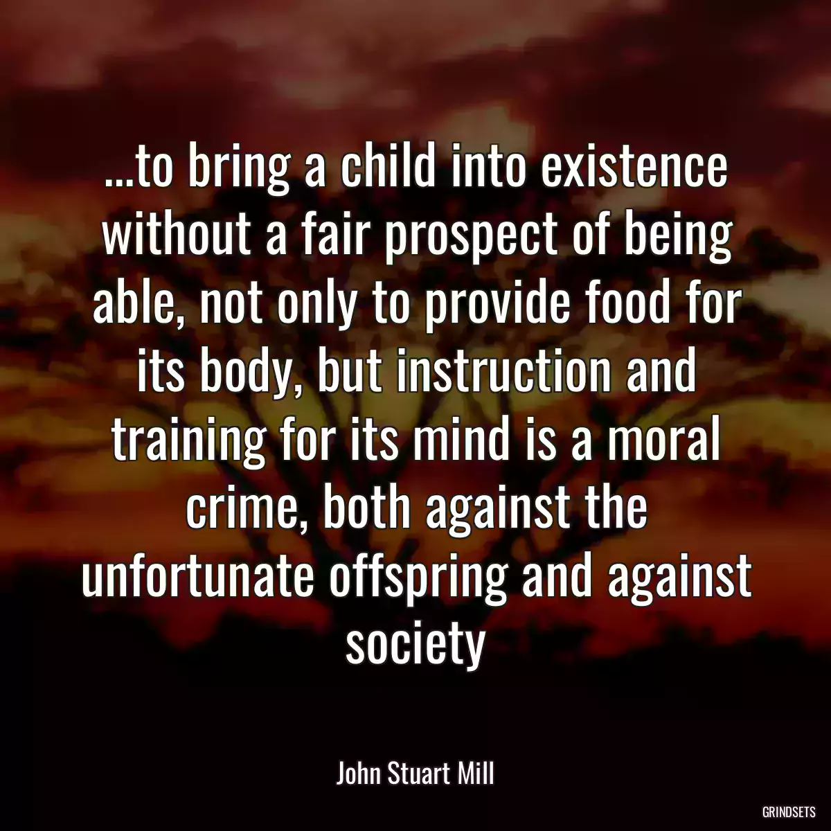 ...to bring a child into existence without a fair prospect of being able, not only to provide food for its body, but instruction and training for its mind is a moral crime, both against the unfortunate offspring and against society