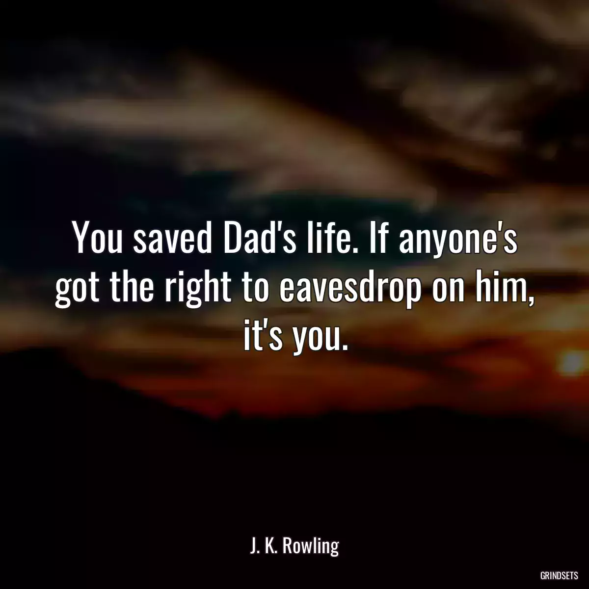 You saved Dad\'s life. If anyone\'s got the right to eavesdrop on him, it\'s you.