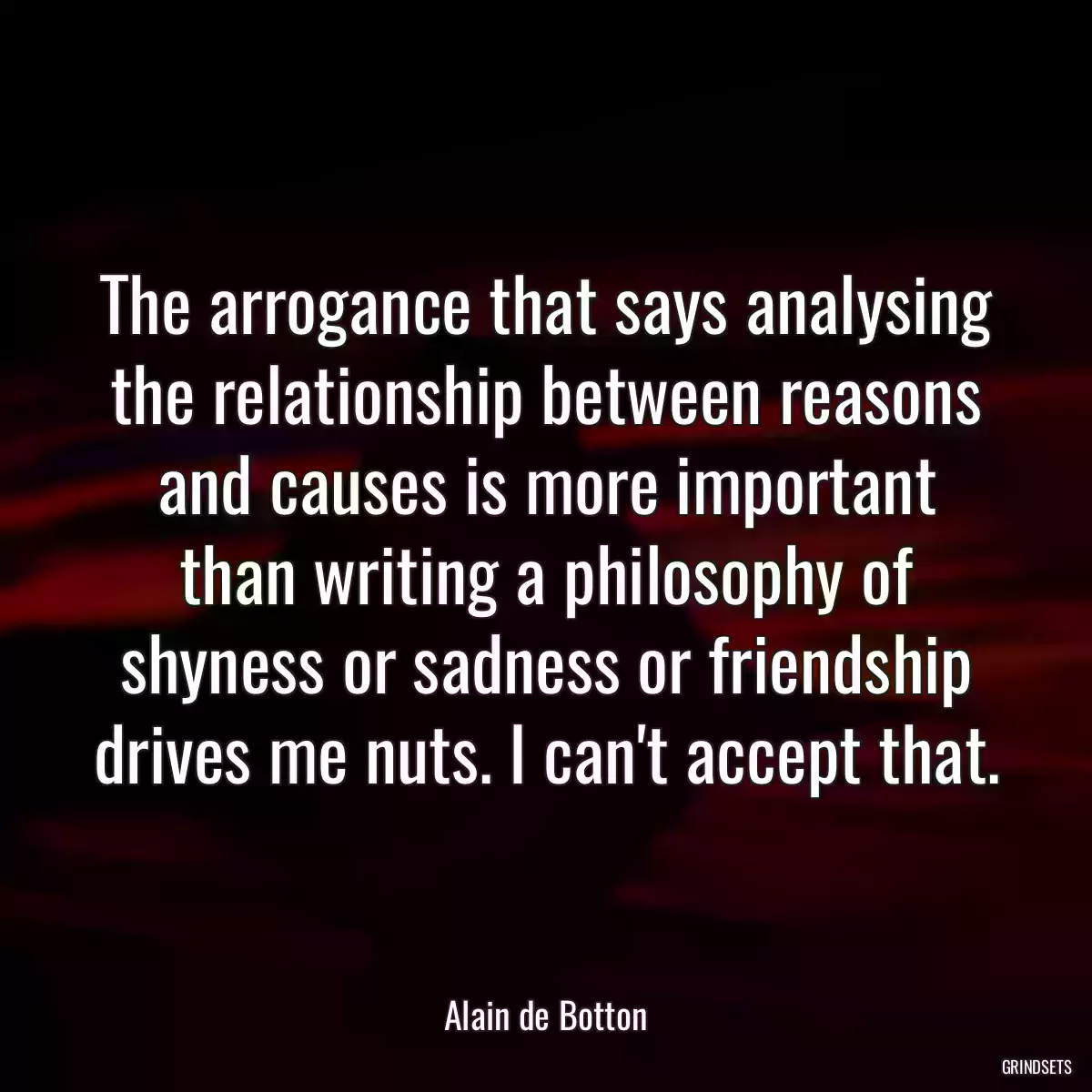 The arrogance that says analysing the relationship between reasons and causes is more important than writing a philosophy of shyness or sadness or friendship drives me nuts. I can\'t accept that.