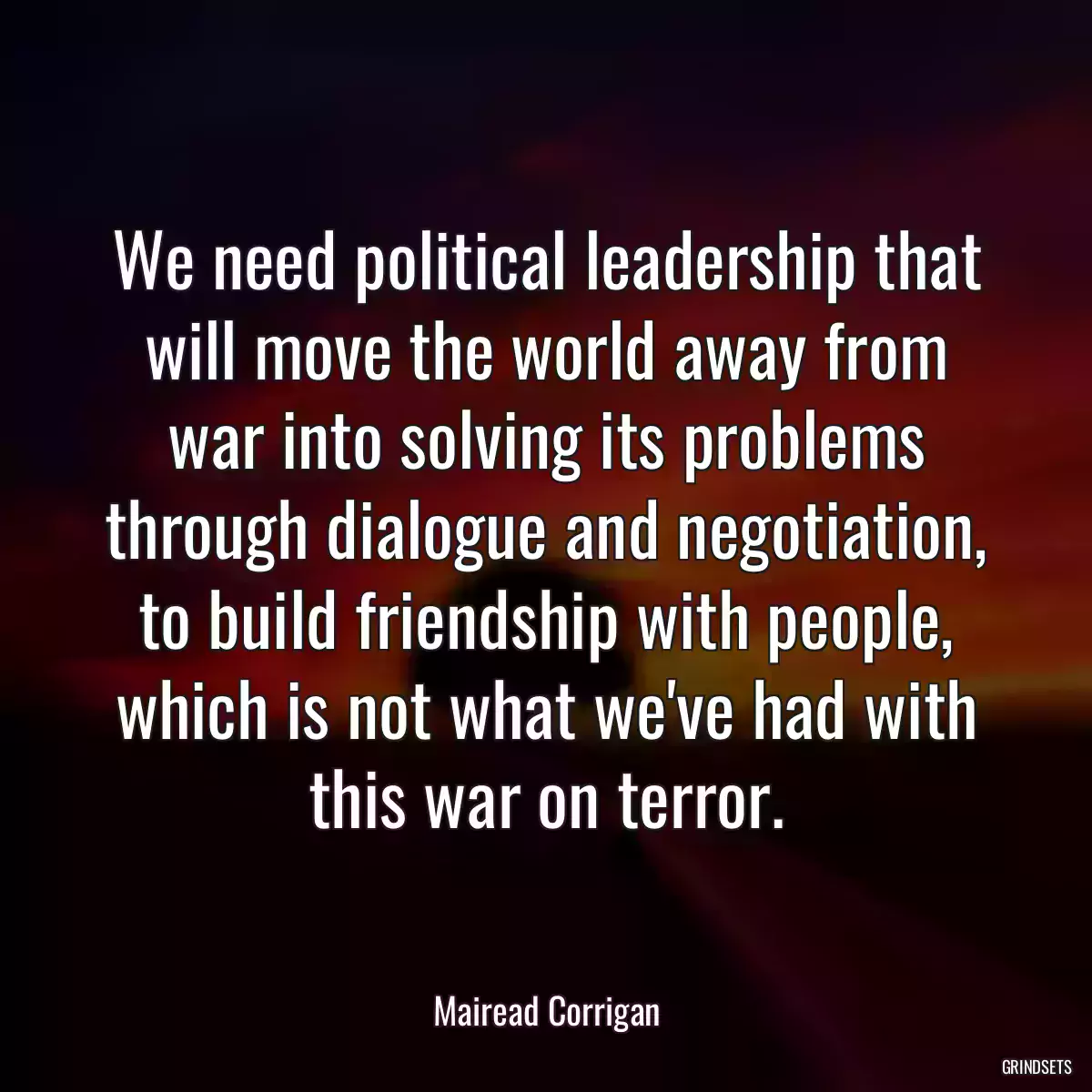 We need political leadership that will move the world away from war into solving its problems through dialogue and negotiation, to build friendship with people, which is not what we\'ve had with this war on terror.