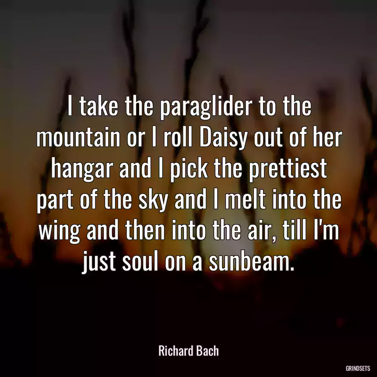 I take the paraglider to the mountain or I roll Daisy out of her hangar and I pick the prettiest part of the sky and I melt into the wing and then into the air, till I\'m just soul on a sunbeam.