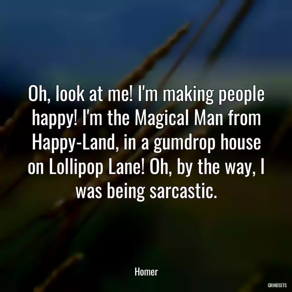 Oh, look at me! I\'m making people happy! I\'m the Magical Man from Happy-Land, in a gumdrop house on Lollipop Lane! Oh, by the way, I was being sarcastic.