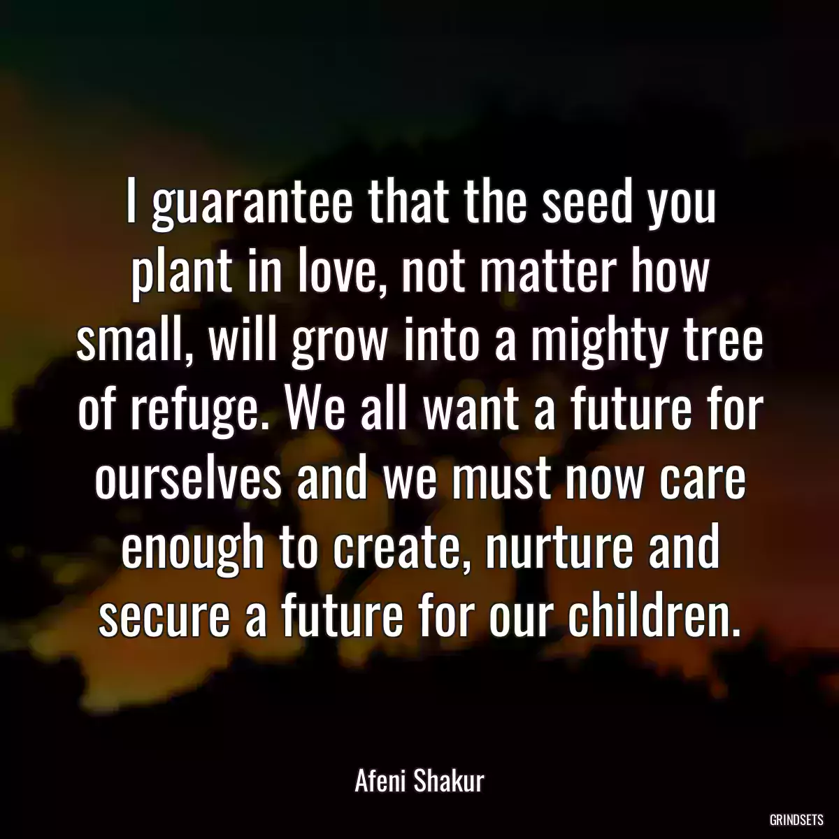 I guarantee that the seed you plant in love, not matter how small, will grow into a mighty tree of refuge. We all want a future for ourselves and we must now care enough to create, nurture and secure a future for our children.