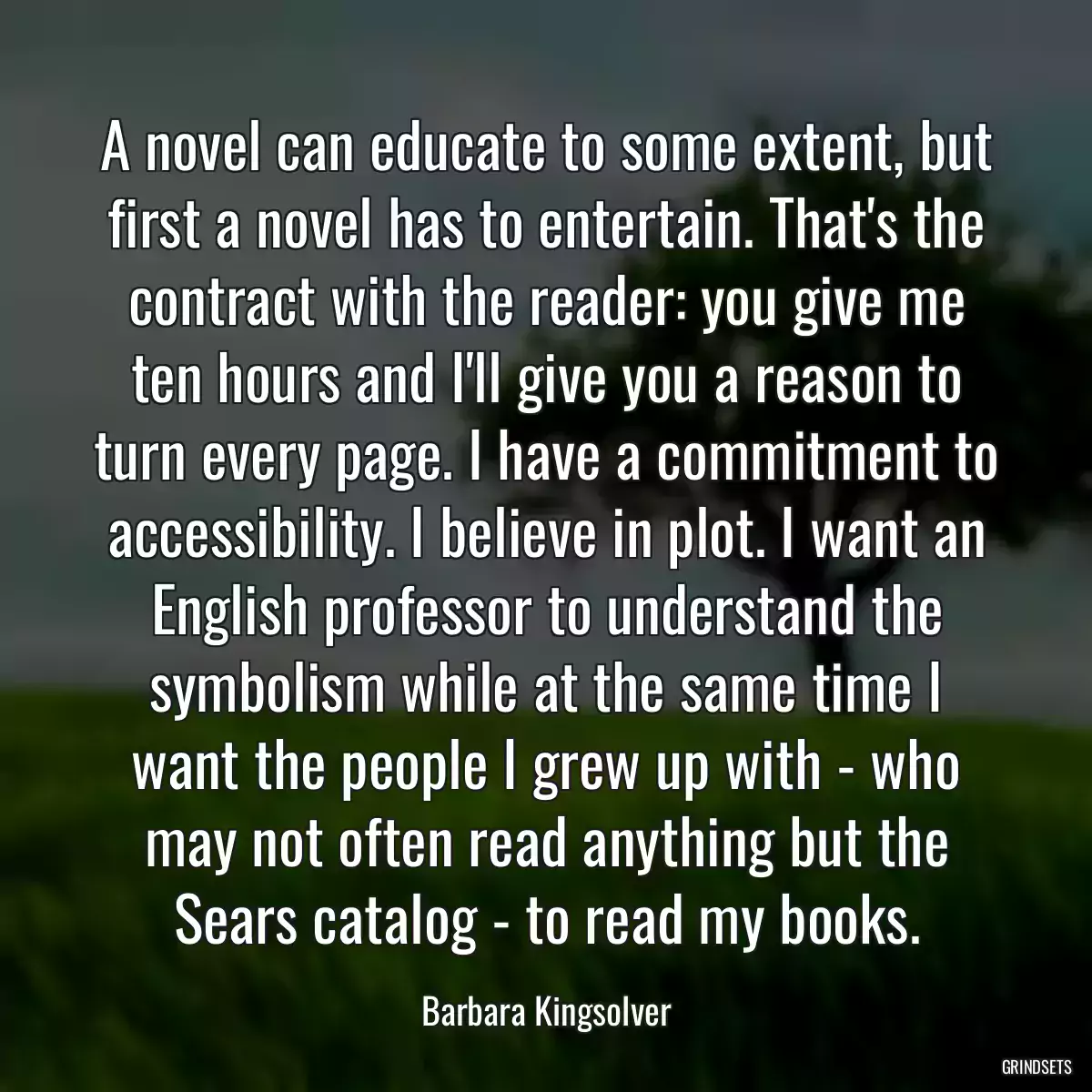 A novel can educate to some extent, but first a novel has to entertain. That\'s the contract with the reader: you give me ten hours and I\'ll give you a reason to turn every page. I have a commitment to accessibility. I believe in plot. I want an English professor to understand the symbolism while at the same time I want the people I grew up with - who may not often read anything but the Sears catalog - to read my books.