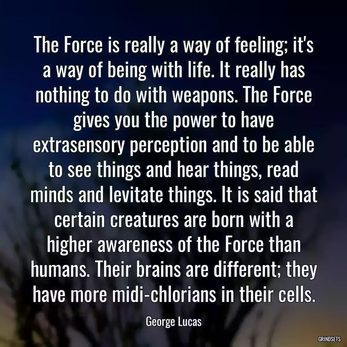 The Force is really a way of feeling; it\'s a way of being with life. It really has nothing to do with weapons. The Force gives you the power to have extrasensory perception and to be able to see things and hear things, read minds and levitate things. It is said that certain creatures are born with a higher awareness of the Force than humans. Their brains are different; they have more midi-chlorians in their cells.