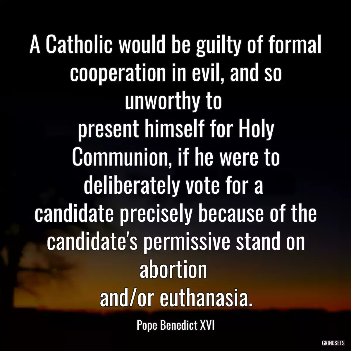 A Catholic would be guilty of formal cooperation in evil, and so unworthy to 
present himself for Holy Communion, if he were to deliberately vote for a 
candidate precisely because of the candidate\'s permissive stand on abortion 
and/or euthanasia.