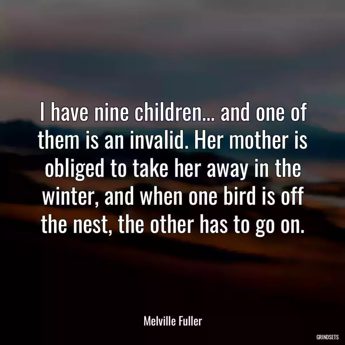 I have nine children... and one of them is an invalid. Her mother is obliged to take her away in the winter, and when one bird is off the nest, the other has to go on.