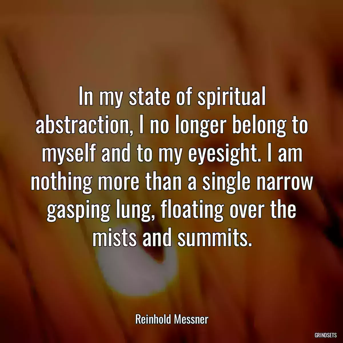 In my state of spiritual abstraction, I no longer belong to myself and to my eyesight. I am nothing more than a single narrow gasping lung, floating over the mists and summits.