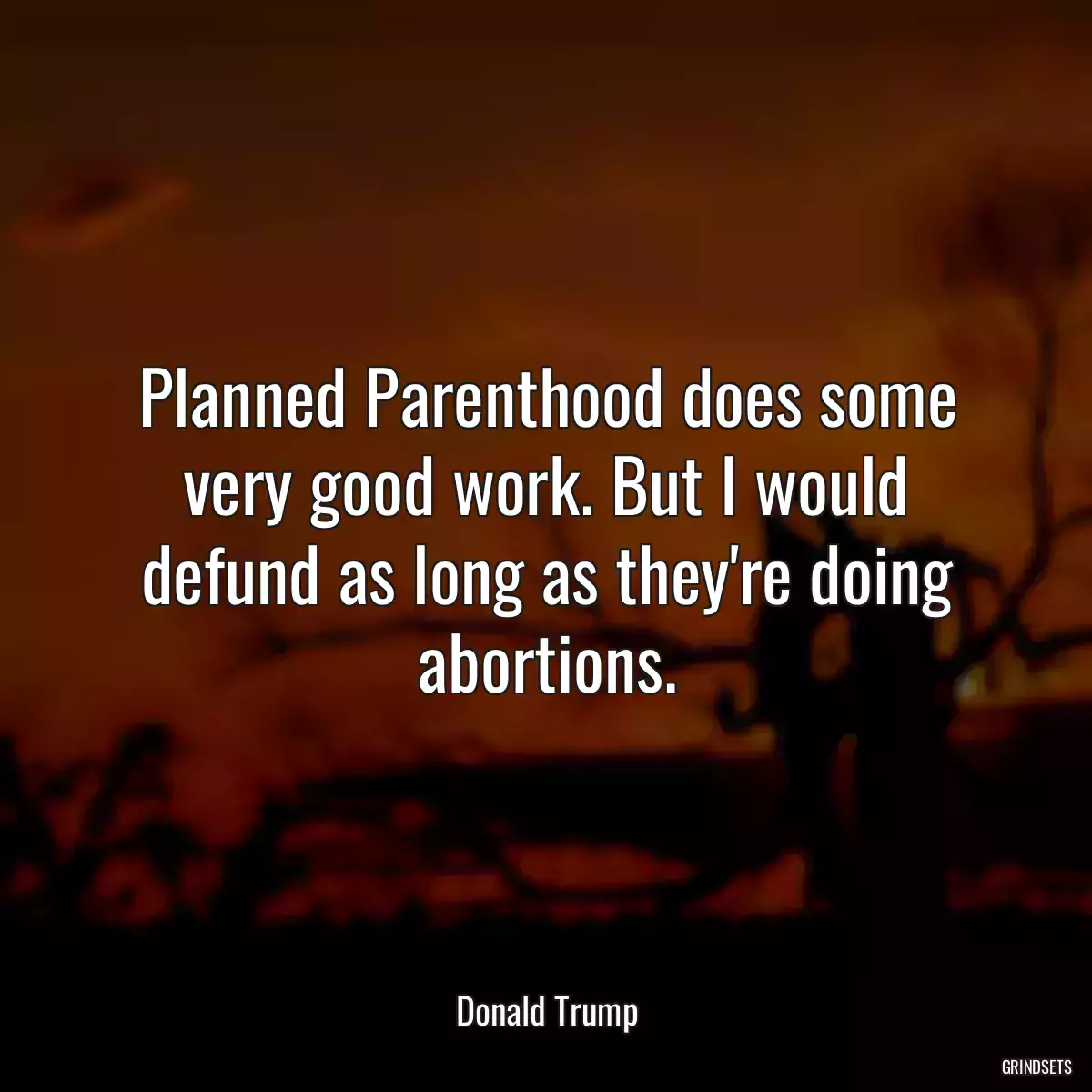 Planned Parenthood does some very good work. But I would defund as long as they\'re doing abortions.