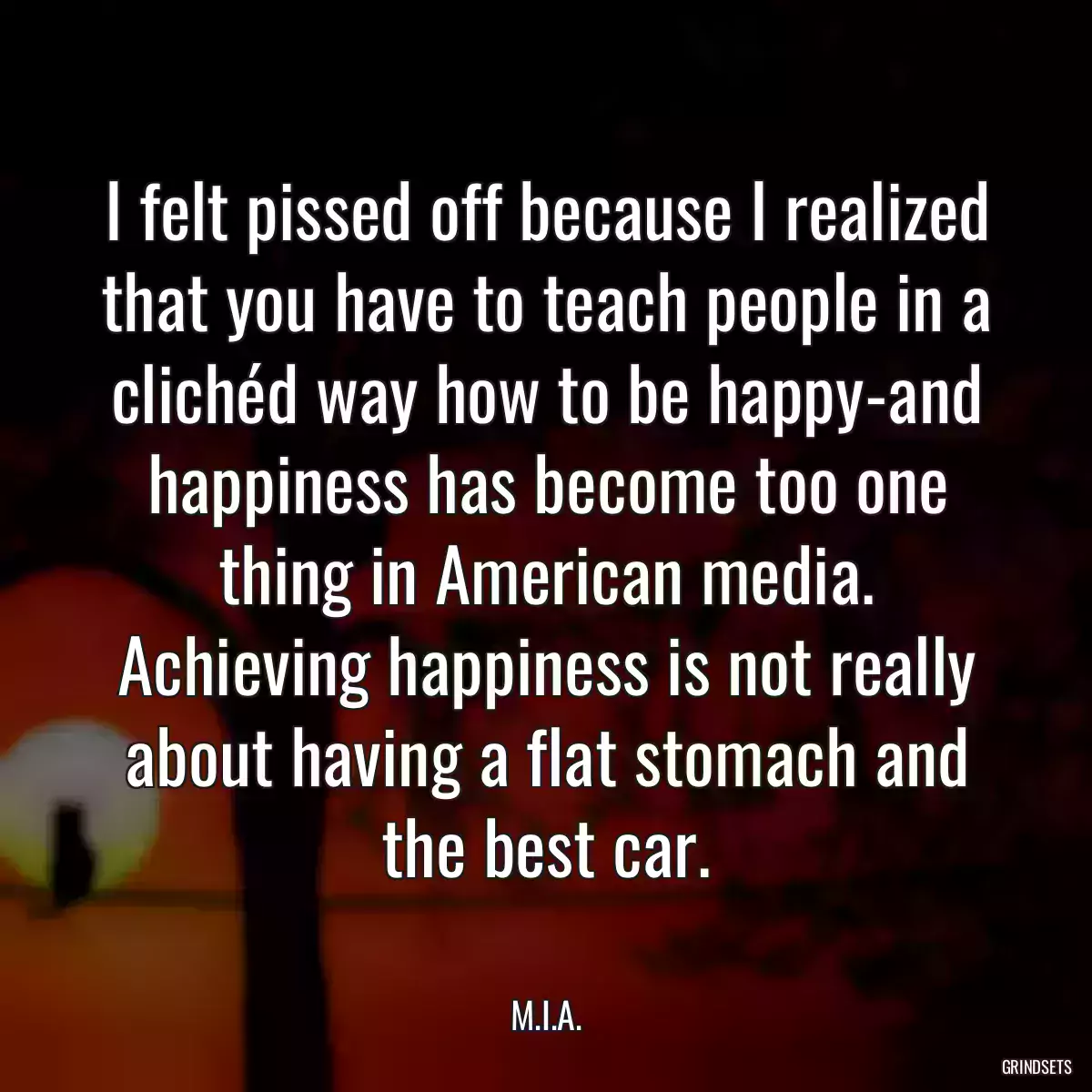 I felt pissed off because I realized that you have to teach people in a clichéd way how to be happy-and happiness has become too one thing in American media. Achieving happiness is not really about having a flat stomach and the best car.