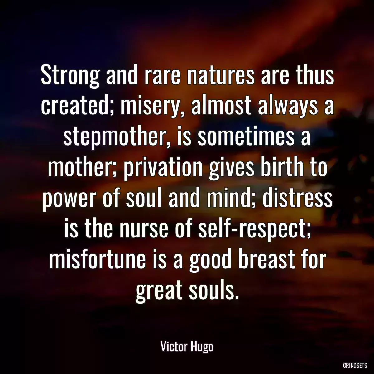 Strong and rare natures are thus created; misery, almost always a stepmother, is sometimes a mother; privation gives birth to power of soul and mind; distress is the nurse of self-respect; misfortune is a good breast for great souls.