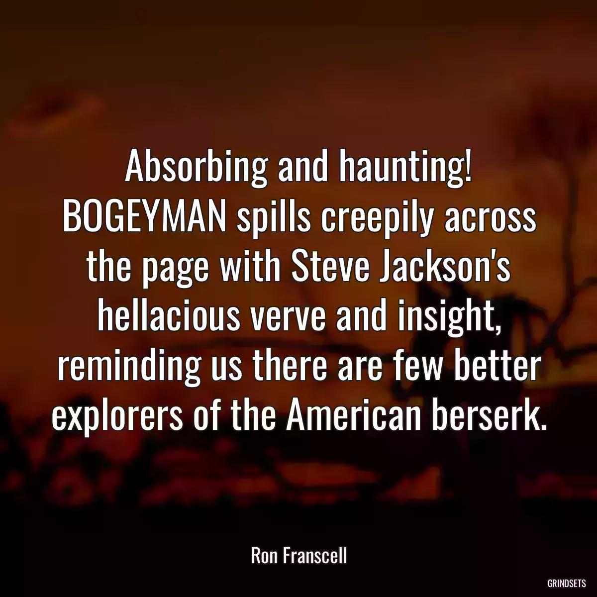 Absorbing and haunting! BOGEYMAN spills creepily across the page with Steve Jackson\'s hellacious verve and insight, reminding us there are few better explorers of the American berserk.