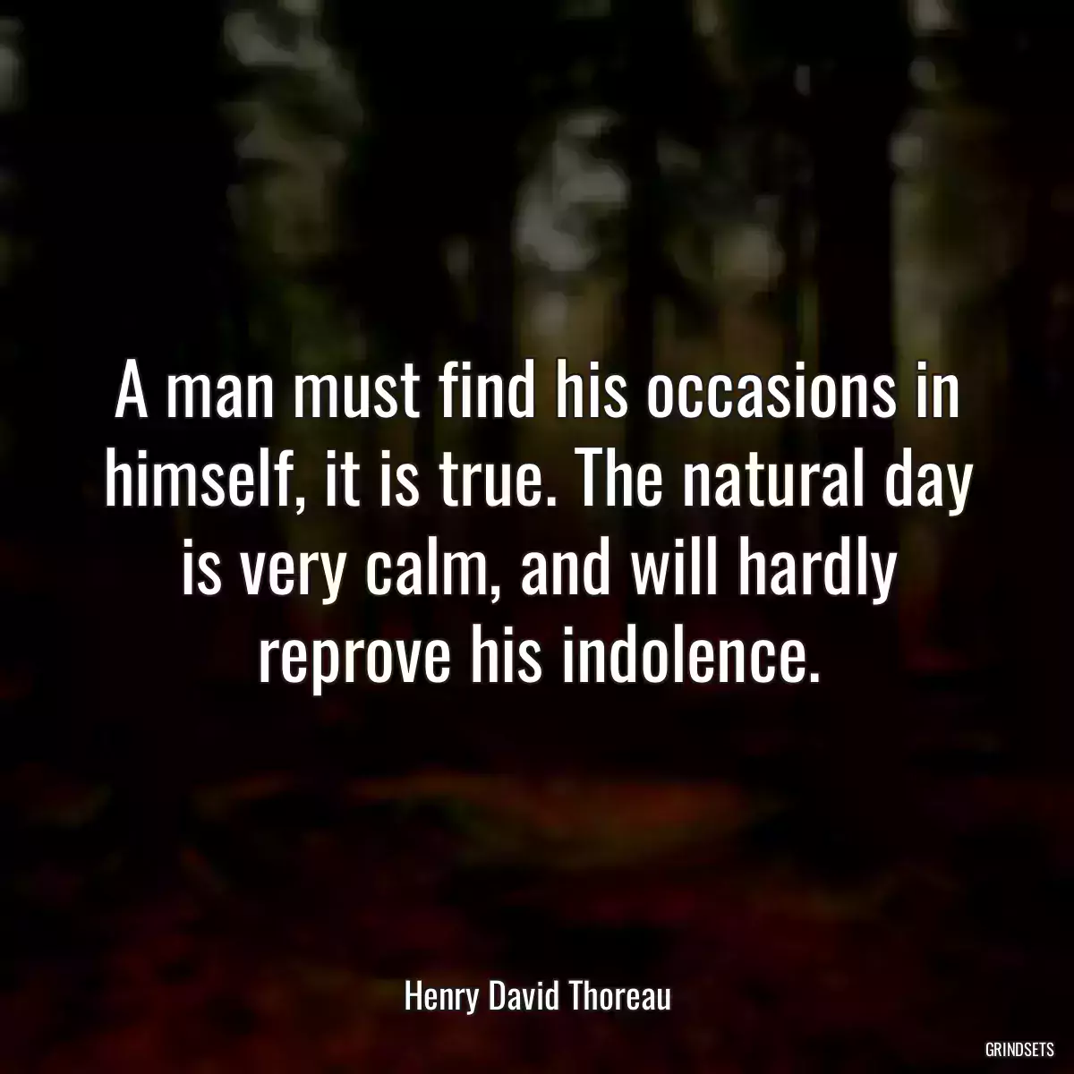 A man must find his occasions in himself, it is true. The natural day is very calm, and will hardly reprove his indolence.