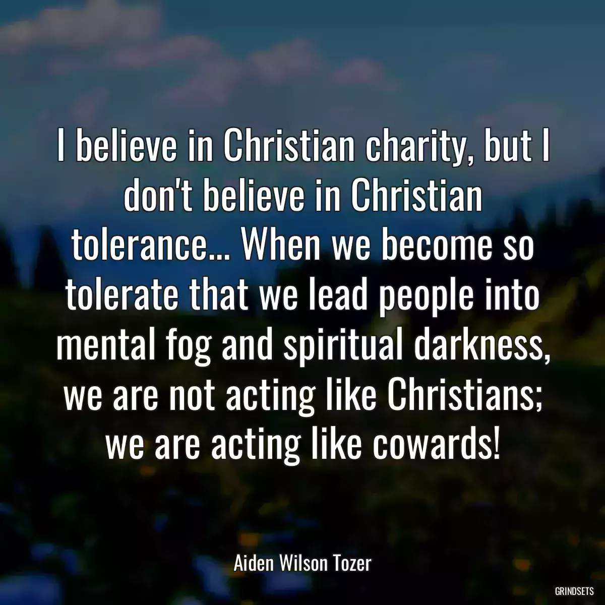 I believe in Christian charity, but I don\'t believe in Christian tolerance... When we become so tolerate that we lead people into mental fog and spiritual darkness, we are not acting like Christians; we are acting like cowards!