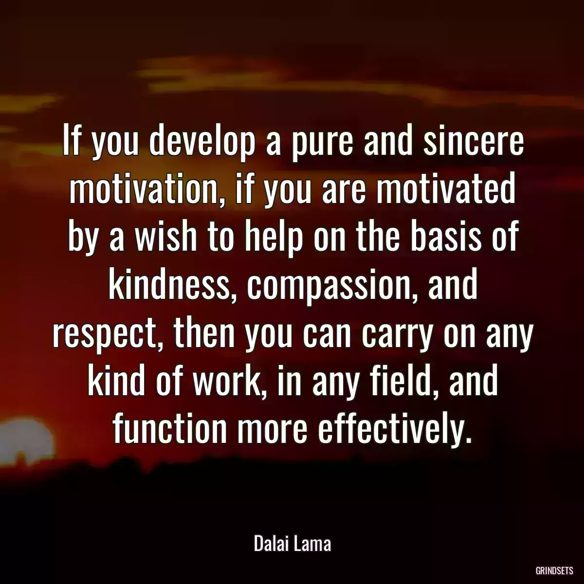 If you develop a pure and sincere motivation, if you are motivated by a wish to help on the basis of kindness, compassion, and respect, then you can carry on any kind of work, in any field, and function more effectively.