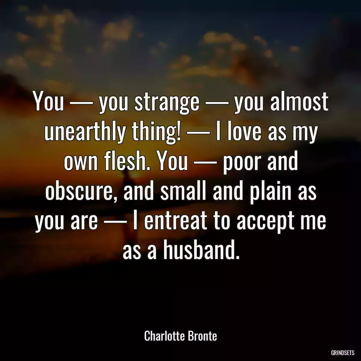 You — you strange — you almost unearthly thing! — I love as my own flesh. You — poor and obscure, and small and plain as you are — I entreat to accept me as a husband.