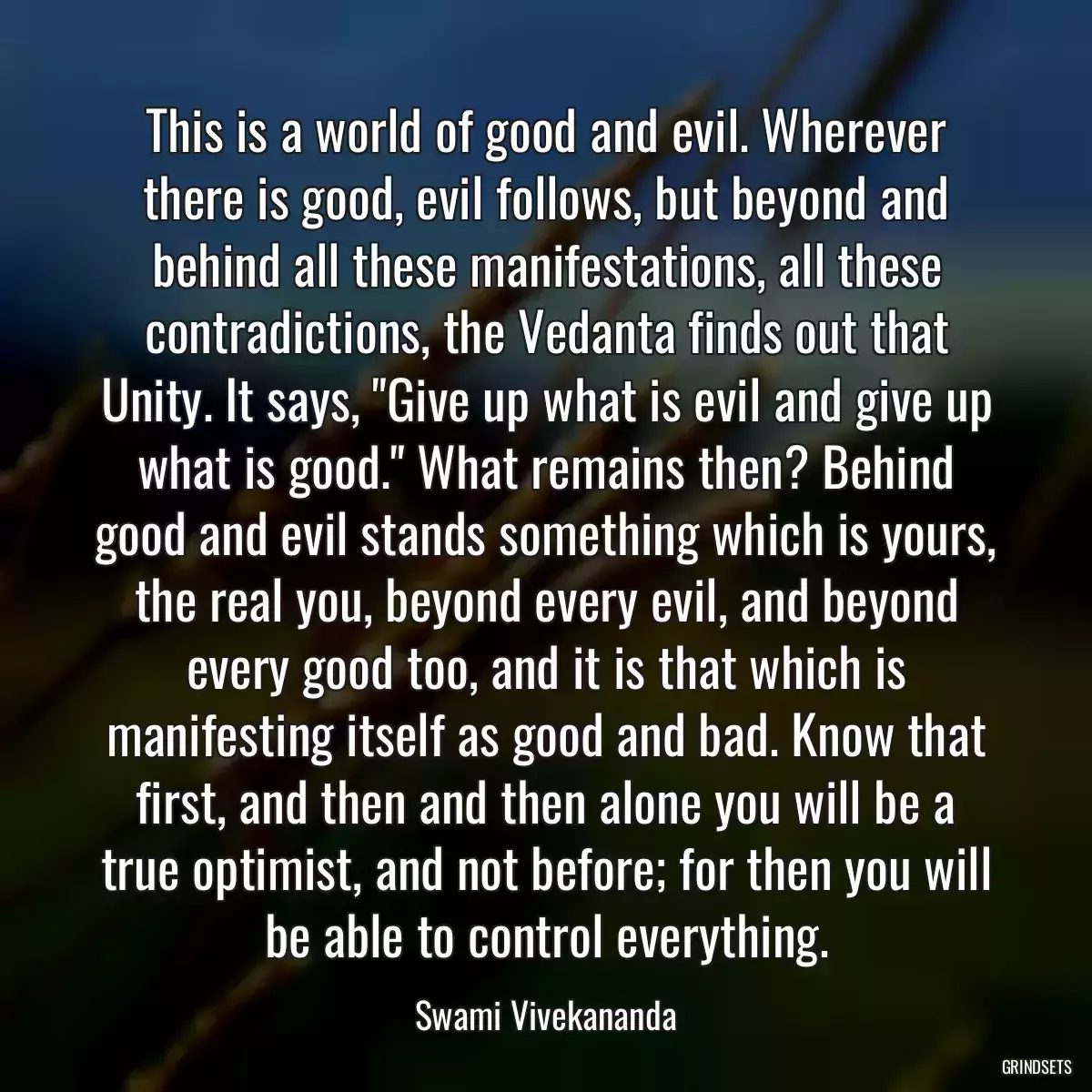 This is a world of good and evil. Wherever there is good, evil follows, but beyond and behind all these manifestations, all these contradictions, the Vedanta finds out that Unity. It says, \