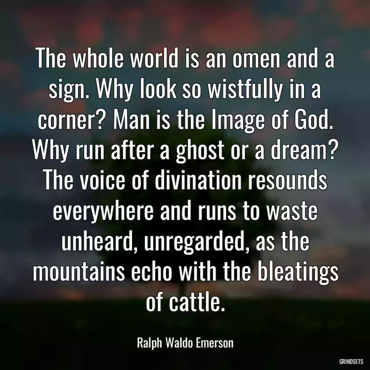 The whole world is an omen and a sign. Why look so wistfully in a corner? Man is the Image of God. Why run after a ghost or a dream? The voice of divination resounds everywhere and runs to waste unheard, unregarded, as the mountains echo with the bleatings of cattle.