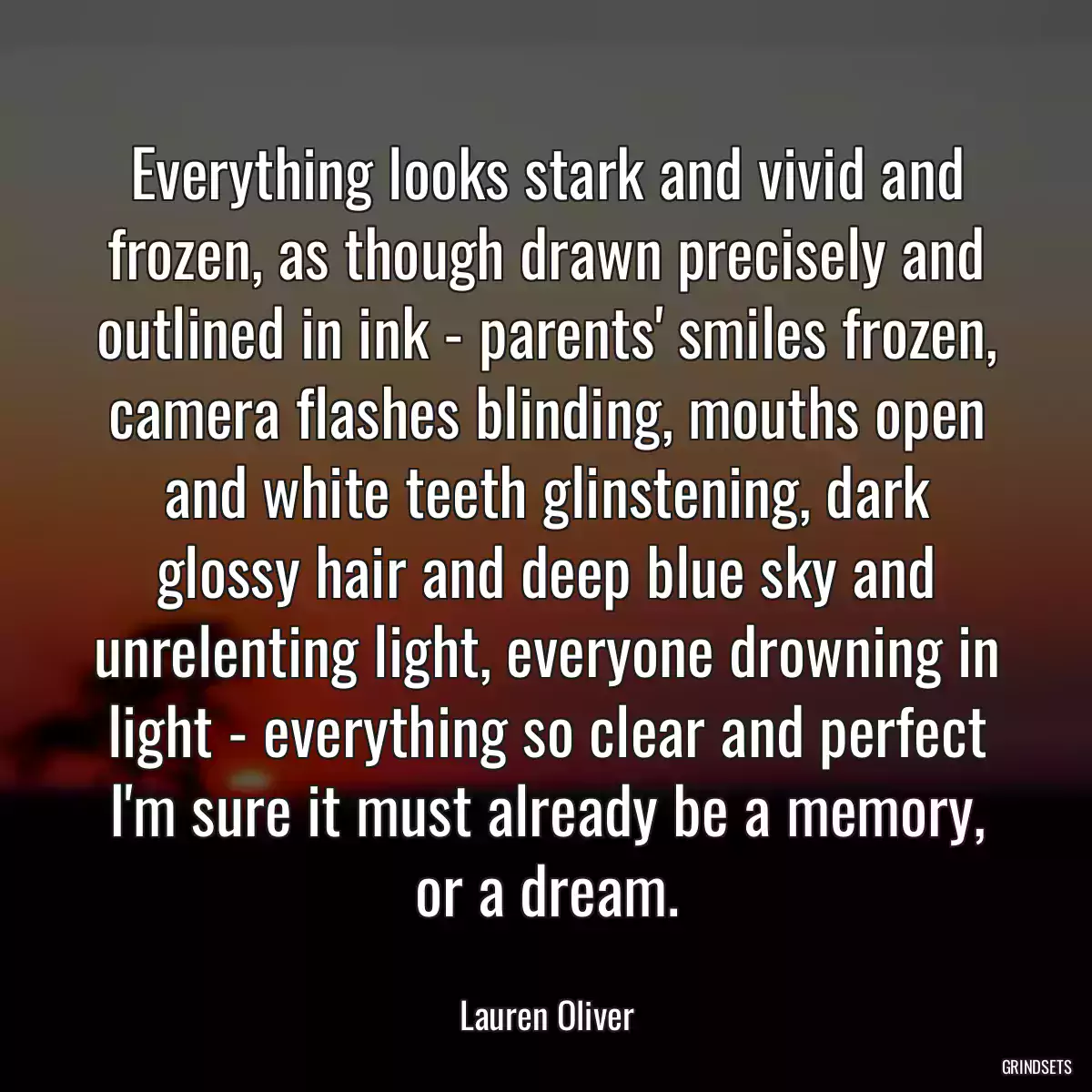 Everything looks stark and vivid and frozen, as though drawn precisely and outlined in ink - parents\' smiles frozen, camera flashes blinding, mouths open and white teeth glinstening, dark glossy hair and deep blue sky and unrelenting light, everyone drowning in light - everything so clear and perfect I\'m sure it must already be a memory, or a dream.