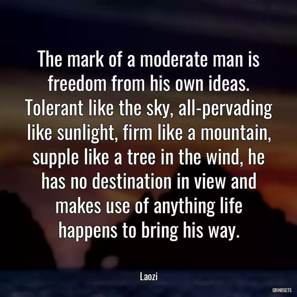 The mark of a moderate man is freedom from his own ideas. Tolerant like the sky, all-pervading like sunlight, firm like a mountain, supple like a tree in the wind, he has no destination in view and makes use of anything life happens to bring his way.