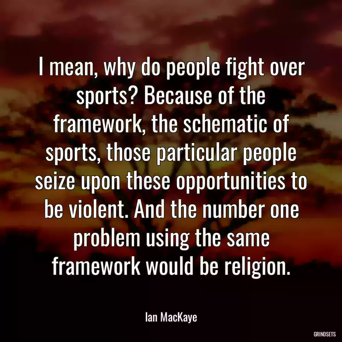 I mean, why do people fight over sports? Because of the framework, the schematic of sports, those particular people seize upon these opportunities to be violent. And the number one problem using the same framework would be religion.