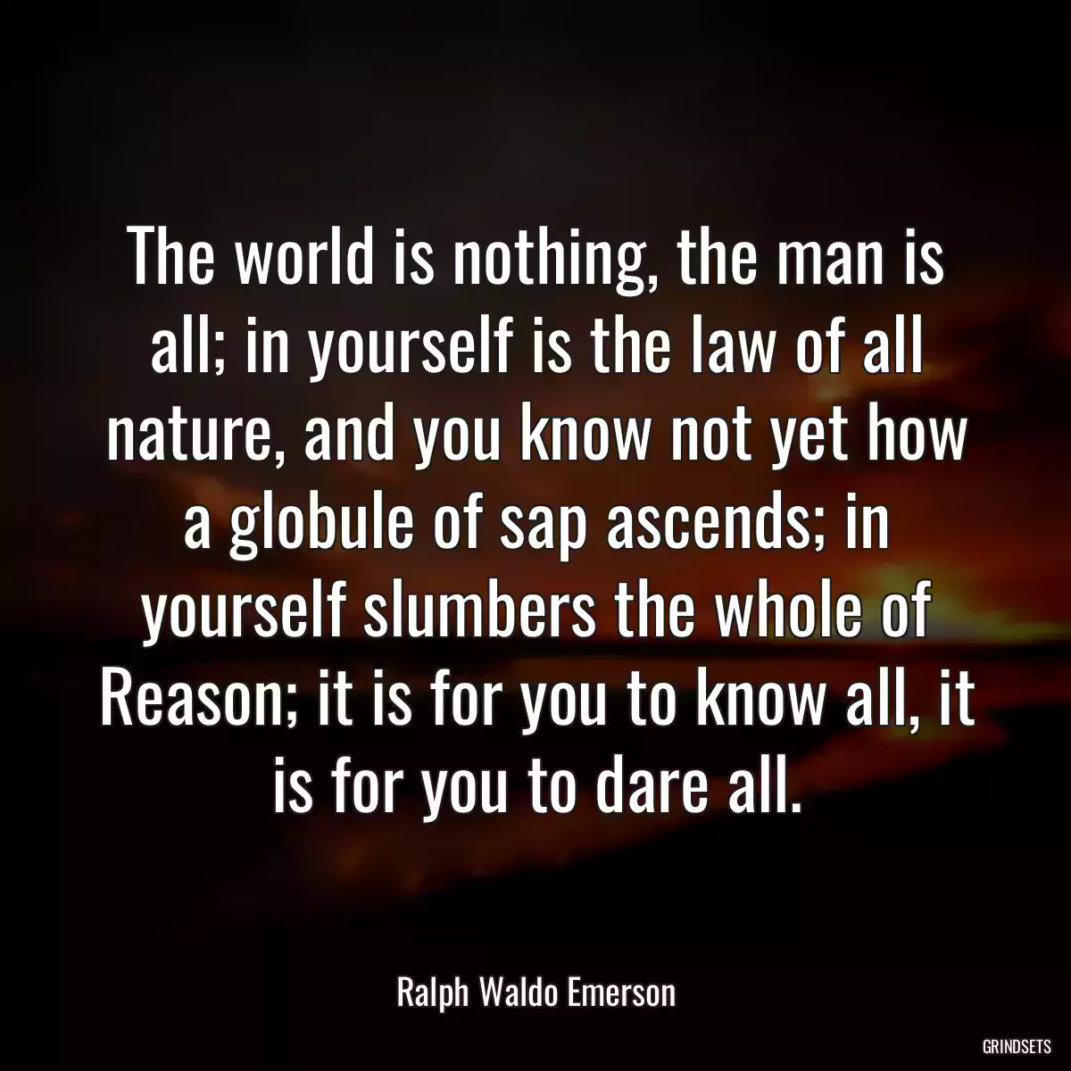 The world is nothing, the man is all; in yourself is the law of all nature, and you know not yet how a globule of sap ascends; in yourself slumbers the whole of Reason; it is for you to know all, it is for you to dare all.