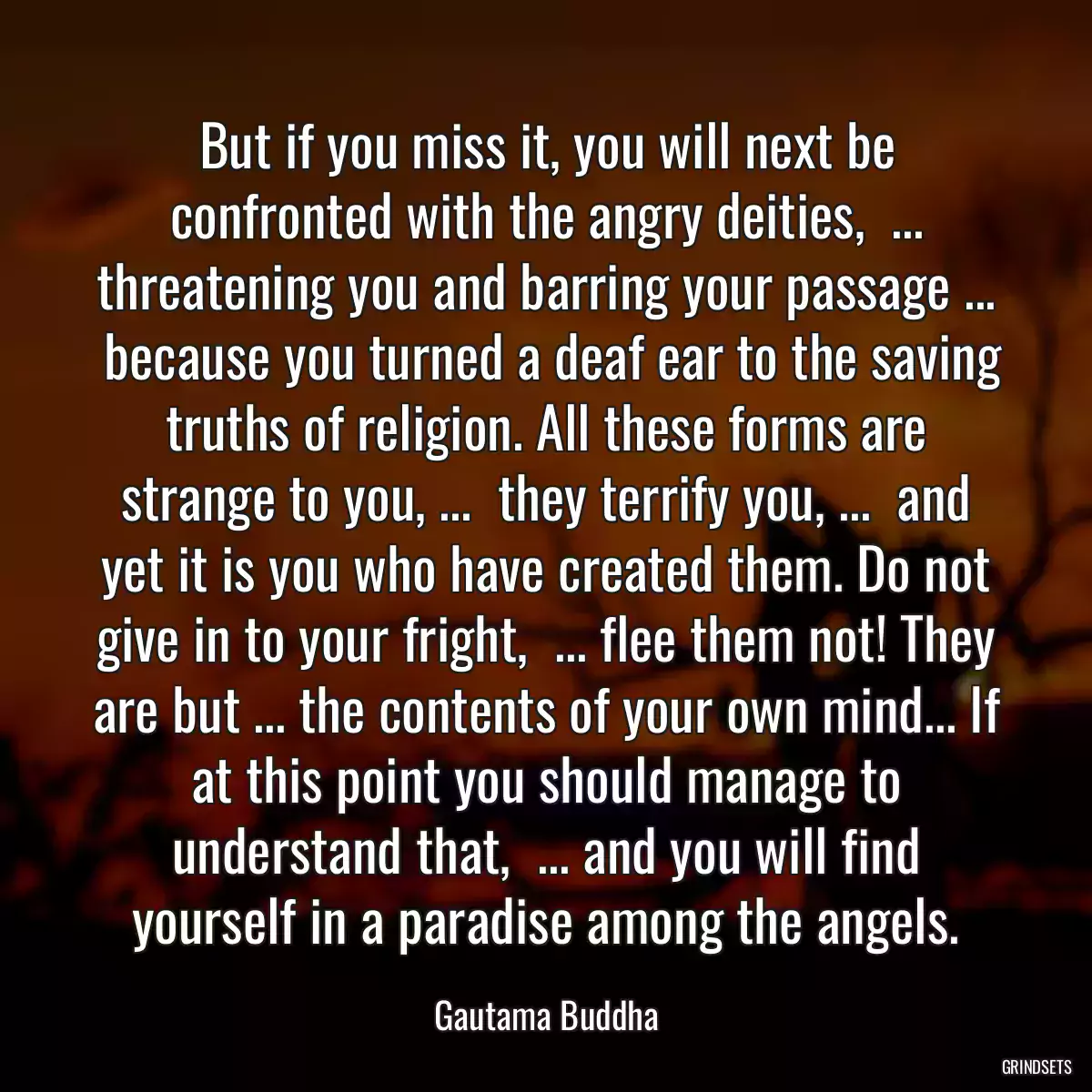 But if you miss it, you will next be confronted with the angry deities,  ... threatening you and barring your passage ...  because you turned a deaf ear to the saving truths of religion. All these forms are strange to you, ...  they terrify you, ...  and yet it is you who have created them. Do not give in to your fright,  ... flee them not! They are but ... the contents of your own mind... If at this point you should manage to understand that,  ... and you will find yourself in a paradise among the angels.