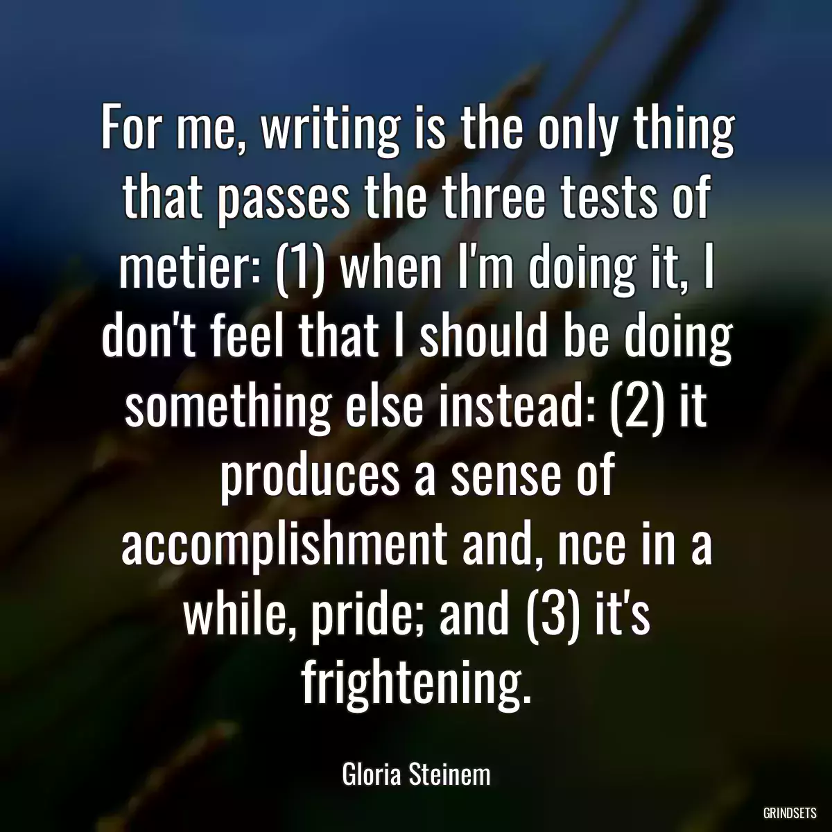 For me, writing is the only thing that passes the three tests of metier: (1) when I\'m doing it, I don\'t feel that I should be doing something else instead: (2) it produces a sense of accomplishment and, nce in a while, pride; and (3) it\'s frightening.